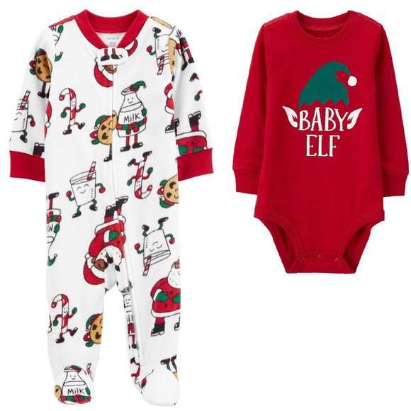 Baby Carter's Christmas Baby Elf Bodysuit & Milk n Cookies Sleeper Size 3 mo NWT - Picture 1 of 8